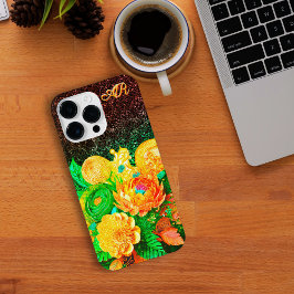 Funda Para iPhone 14 Pro Max Ramo de flores monogramado purpurina