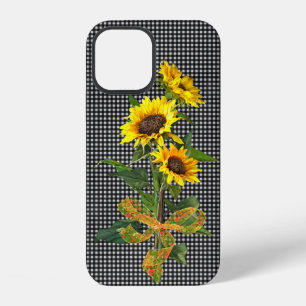 Funda Para iPhone 12 Ramo de girasoles sobre gingham negro
