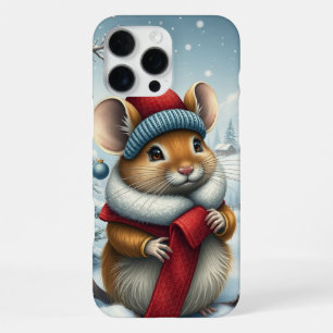 Funda Para iPhone 16 Pro Max Ratón lindo en atuendo y Gorra de invierno precoz