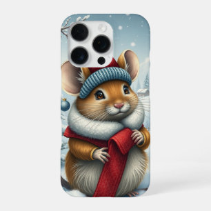 Funda Para iPhone 16 Pro Ratón lindo en atuendo y Gorra de invierno precoz