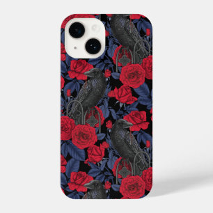 Funda Para iPhone 14 Ravens y rosas con hojas azul oscuro