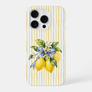 Funda Para iPhone 16 Pro Rayas amarillas lazo azul Flor de limón