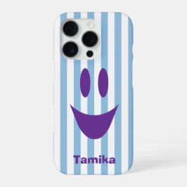 Funda Para iPhone 16 Pro Rayas Azules Celestes Cara Sonriente Morada Divert