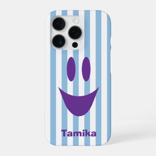 Funda Para iPhone Rayas Azules Celestes Cara Sonriente Morada Divert (Reverso)