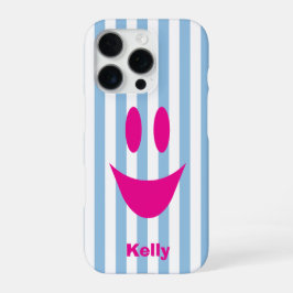 Funda Para iPhone 16 Pro Rayas Azules Celestes Carita Sonriente Morada Lind