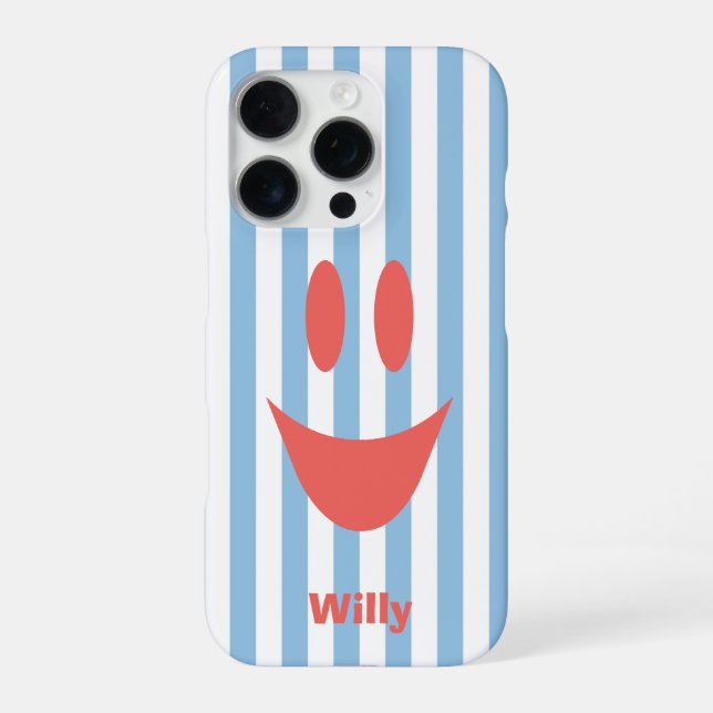 Funda Para iPhone Rayas Azules Celestes Sonriente Coral Mono (Reverso)