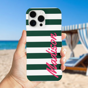 Funda Para iPhone 16 Pro Max Rayas de Cabaña Verde Monograma Retro