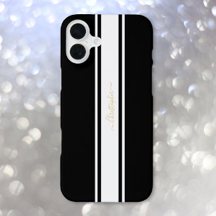 Funda Para iPhone 16 Plus Rayas de Carrera Clásicas Negro Blanco Monograma D