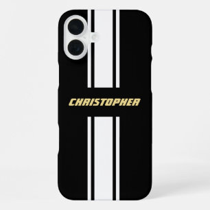 Funda Para iPhone 16 Plus Rayas de Carrera Clásicas Negro Blanco Monograma D