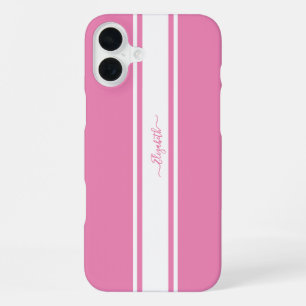 Funda Para iPhone 16 Plus Rayas de Carreras Blancas y Rosadas Monogramadas C