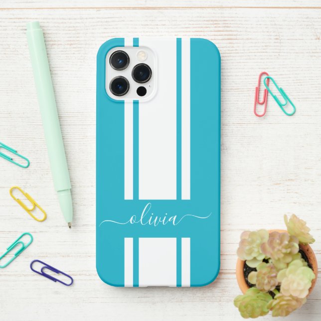 Funda Para iPhone Rayas de carreras modernas y elegantes monogramada (En el escritorio)