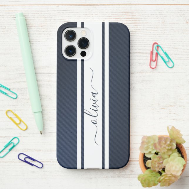 Funda Para iPhone Rayas de carreras modernas y elegantes monogramada (En el escritorio)