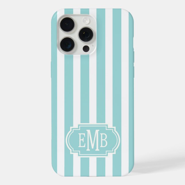 Funda Para iPhone Rayas Monogramadas de Aqua y Blanco (Reverso )