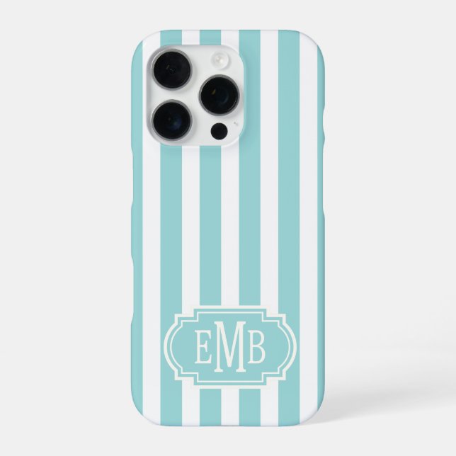 Funda Para iPhone Rayas Monogramadas de Aqua y Blanco (Reverso)