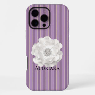 Funda Para iPhone 16 Pro Max Rayas Moradas Perlas Blancas Flor  