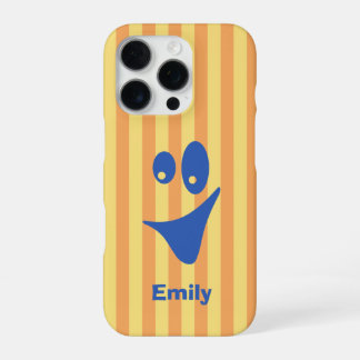 Funda Para iPhone 16 Pro Rayas Naranjas Cara Sonriente Azul Quirky