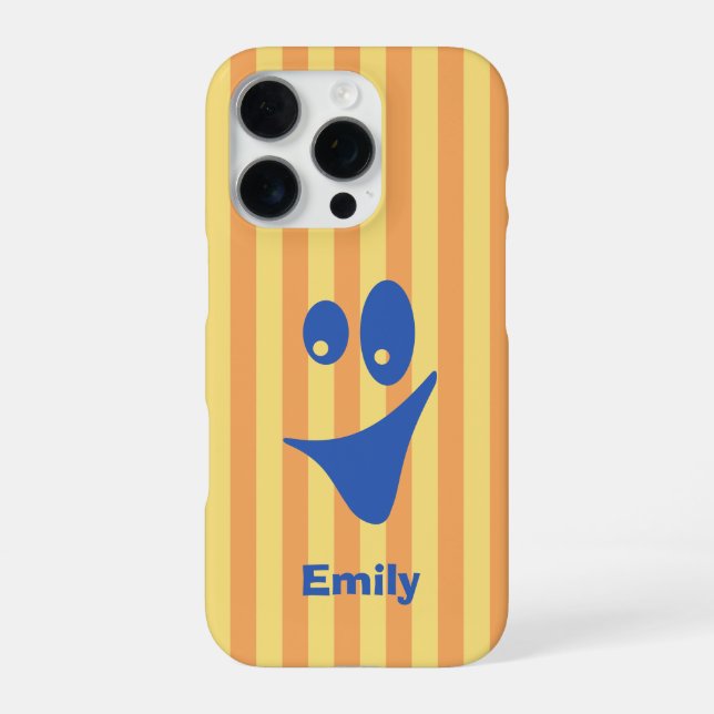 Funda Para iPhone Rayas Naranjas Cara Sonriente Azul Quirky (Reverso)