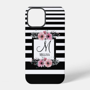 Funda Para iPhone 12 Rayas Negras y Blancas Monograma Floral Rosa