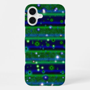 Funda Para iPhone 16 Plus Rayas Verdes Azules con Estrellas y Gotitas de Llu