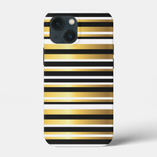 Funda Para iPhone 13 Mini Rayas Vintage Negras, Doradas y Blancas