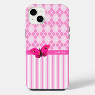 Funda Para iPhone 14 Plus Rayas y Mariposa con Patrón de Argyle Rosa Durader