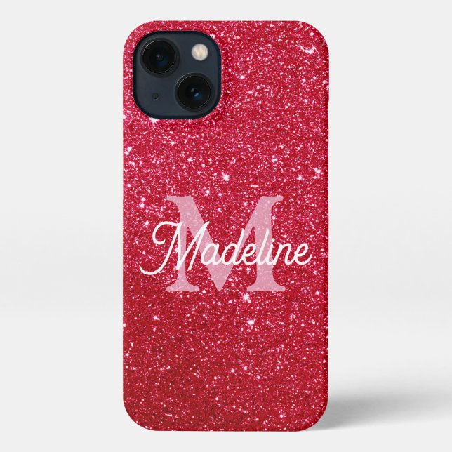 Funda Para iPhone Red Fiery Sparkling Glitter Monogrammed    (Reverso )