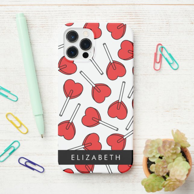 Funda Para iPhone Red Lollipops, Heart Lollipops, Lolly, Your Name (En el escritorio)