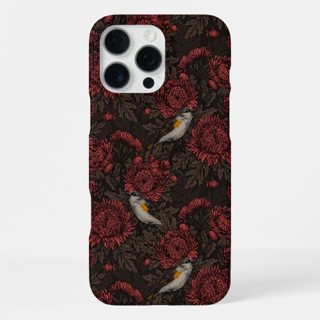 Funda Para iPhone Redstart en crisantemos en marrón y rojo (Reverso )