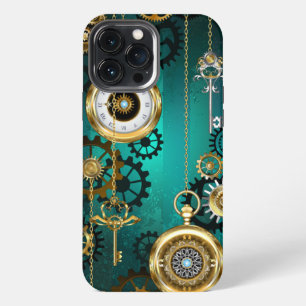Funda Para iPhone 13 Pro Max Reloj de joyería Steampunk sobre un fondo verde