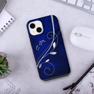 Funda Para iPhone 14 Remolino de Hoja de Plata Monograma Azul Real