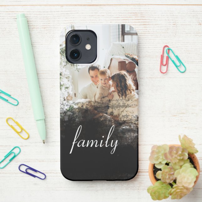 Funda Para iPhone Resumen de foto de familia personalizada en negro (En el escritorio)