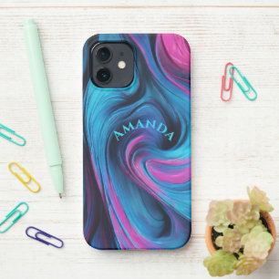 Funda Para iPhone 12 Resumen moderno personalizado - azul y fucsia