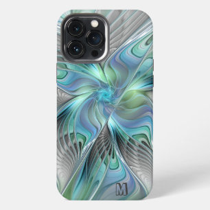Funda Para iPhone 13 Pro Max Resumen Monograma de arte fractal de mariposa verd
