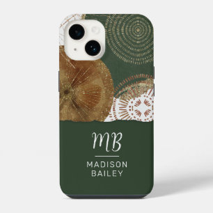 Funda Para iPhone 14 Resumen Monograma de Círculos Verdes de Bronce de