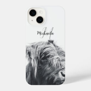 Funda Para iPhone 14 Retrato de vaca Highland monograma inicial blanco