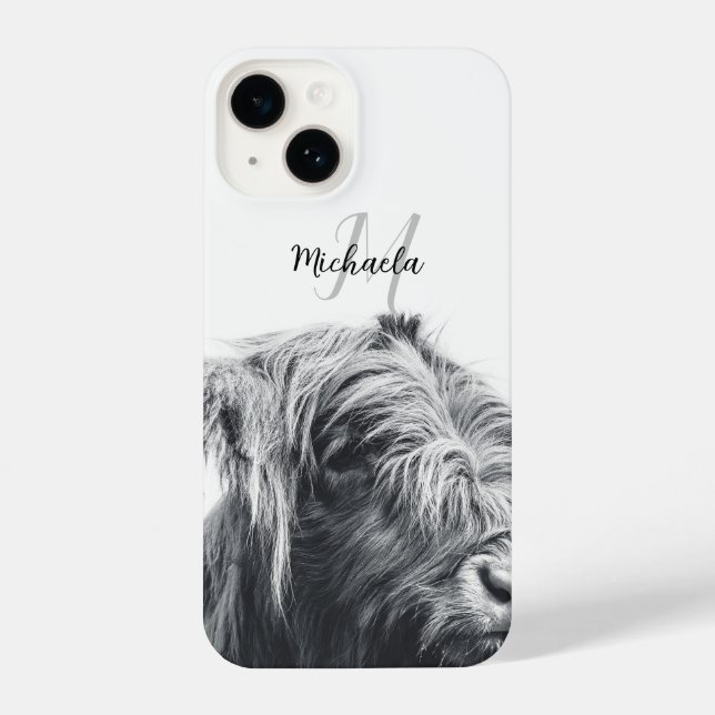 Funda Para iPhone Retrato de vaca Highland monograma inicial blanco  (Reverso )