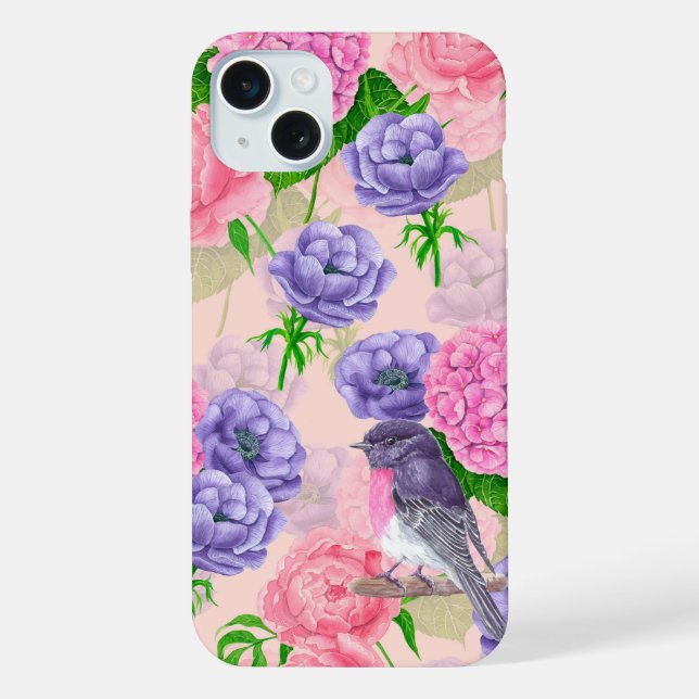 Funda Para iPhone Robin y flores, acuarela (Reverso )