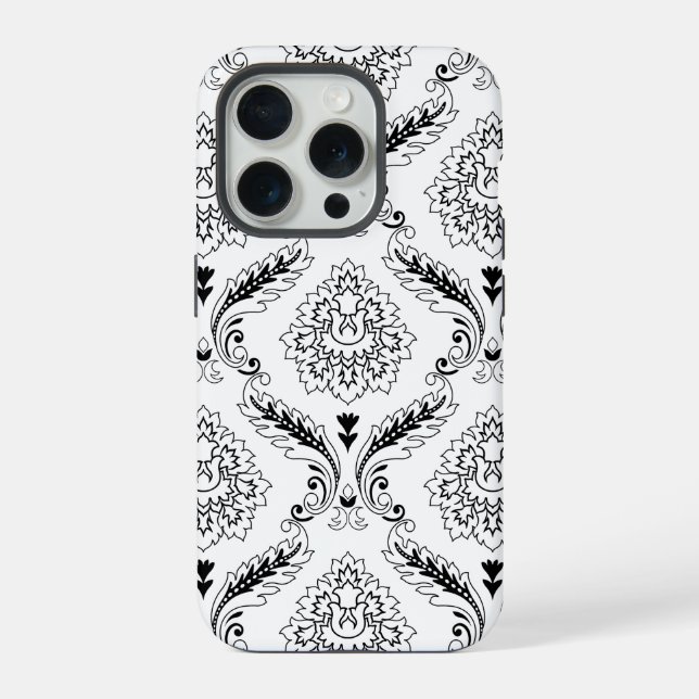 Funda Para iPhone Rococo Damask Line Pattern Black on White (Reverso )
