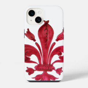 Funda Para iPhone 14 ROJO ANTIGUO FLEUR DE LIS EN BLANCO Floral heráldi