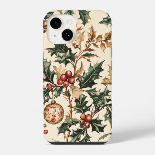 Funda Para iPhone 14 Rojo Antiguo Verde Acebo Bronce Adorno Invierno