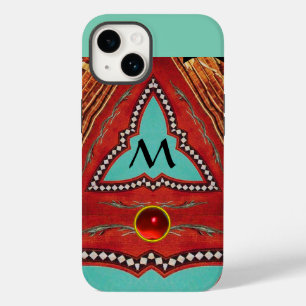 FUNDA PARA iPhone 14 ROJO AZUL ABSTRACTO TRIÁNGULO GEOMÉTRICO MONOGRAMA