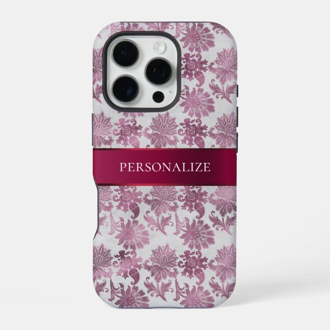 Funda Para iPhone Rojo Burdeos Floral Plateado (Reverso )