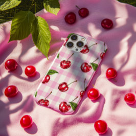 Funda Para iPhone 14 Pro Rojo Cherry Pink Gingham Plaid Pattern Estuche par