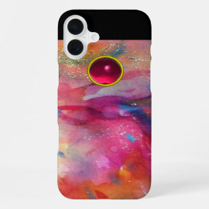 Funda Para iPhone 16 Plus ROJO FUCsia AZUL ABSTRACTO 3D ROSA RUBÍ PIEDRA PRE