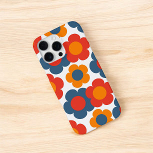 Funda Para iPhone 16 Pro Max Rojo Retro Chic, Patrón Floral Naranja y Azul