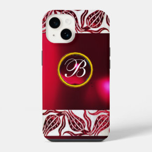Funda Para iPhone 14 ROJO TULIPS DAMASK TULIP MONOGRAM Borgoña Blanco