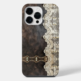Funda Para iPhone 14 Pro Max Romántico encaje de cuero vintage con aspecto feme