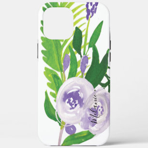 Funda Para iPhone 12 Pro Max Rosa acuarela con vegetación en guión púrpura nomb