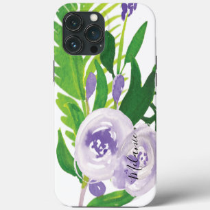 Funda Para iPhone 13 Pro Max Rosa acuarela con vegetación en guión púrpura nomb