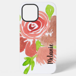 Funda Para iPhone 12 Pro Max Rosa acuarela con verdor y monograma rosa rubor